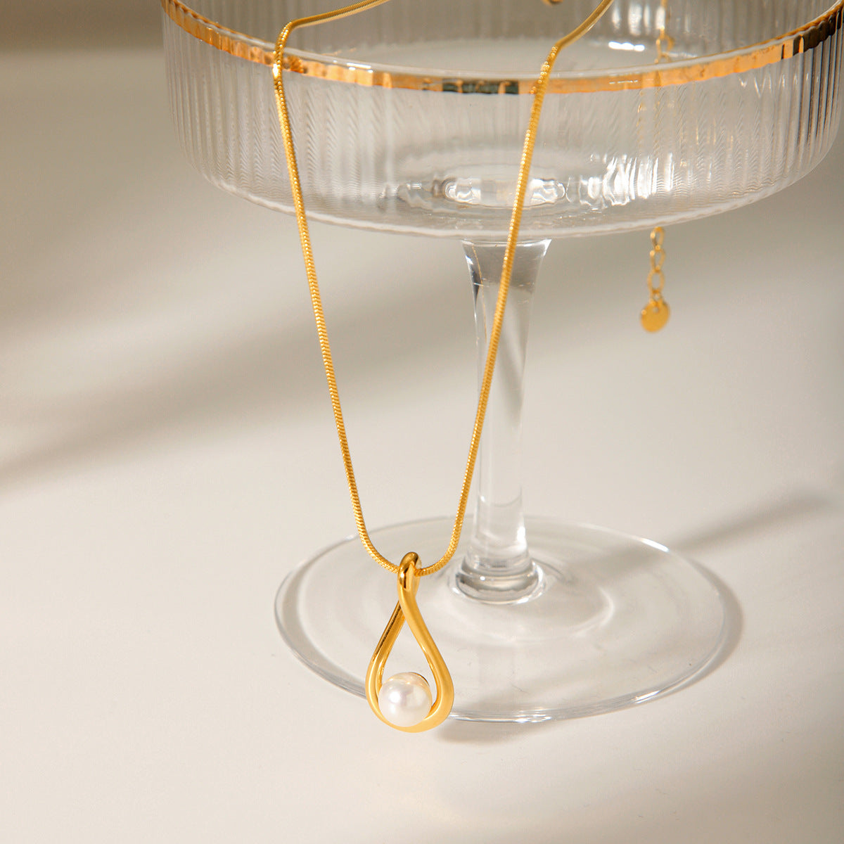 Collana da donna a goccia minimalista in acciaio inossidabile con intarsio di perle, catena a serpente, lussuosa