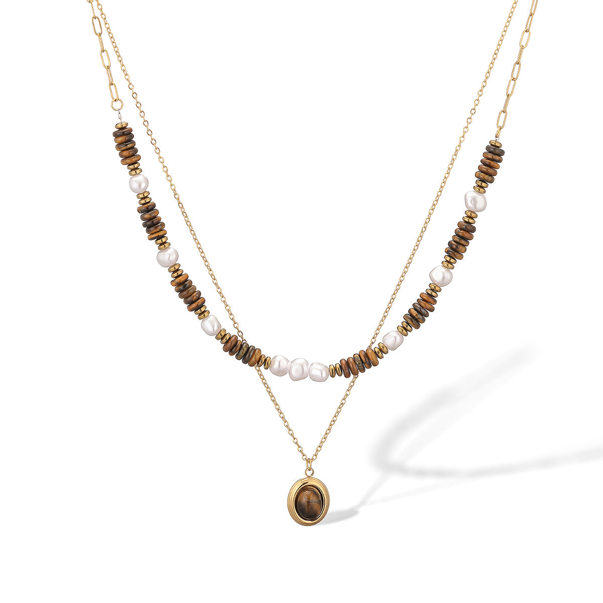 Minimalist Geometric Tiger Eye Beaded Double Layer Necklace in Stainless Steel for Women