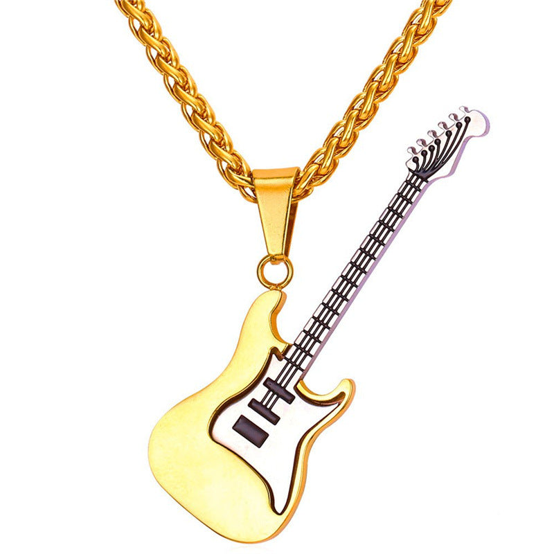 Natural Style Geometric Guitar Pendant Necklace for Unisex in Stainless Steel with Polished Titanium Steel Charm