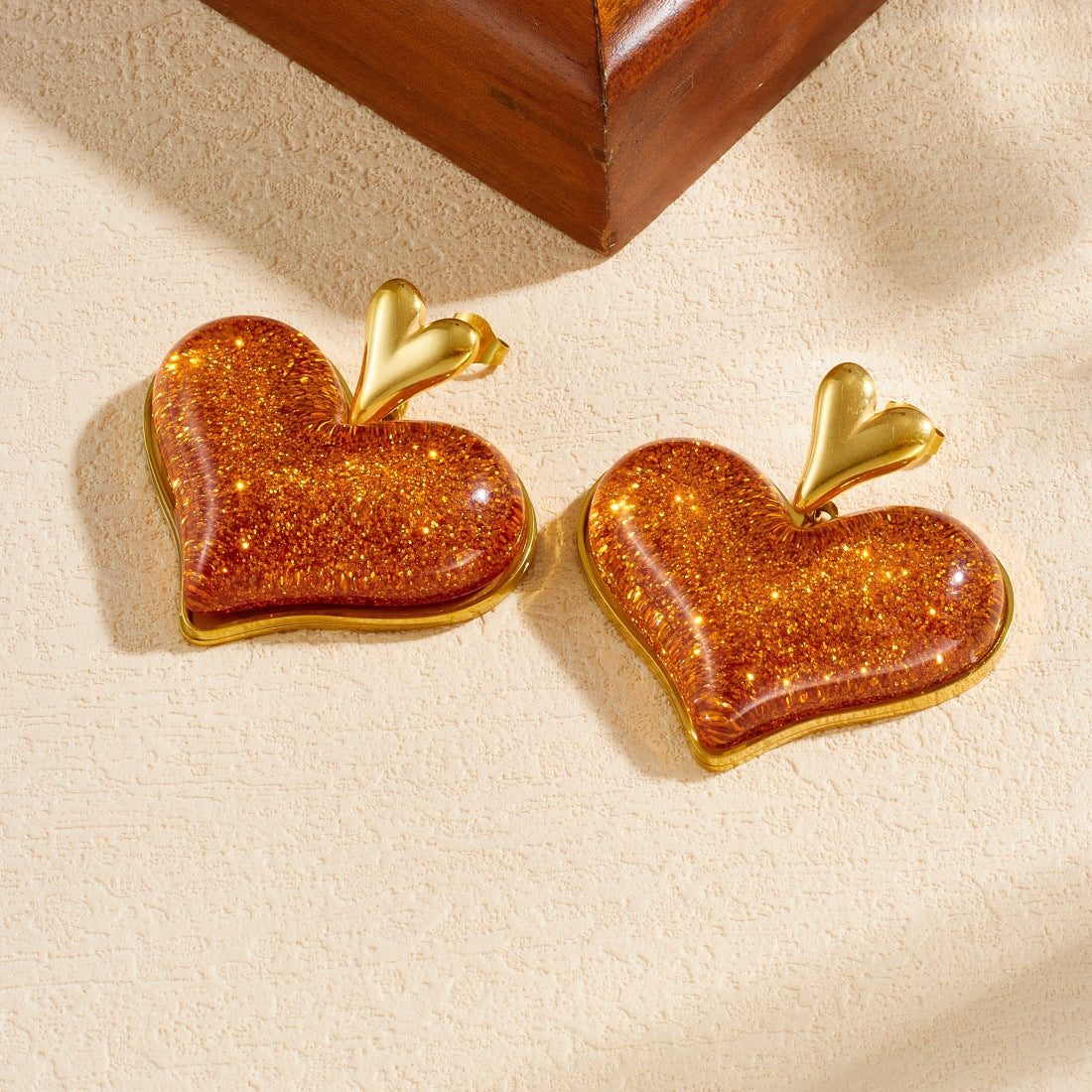 Exaggerated Streetwear Gold Plated Stainless Steel Heart Earrings with Brown Glitter