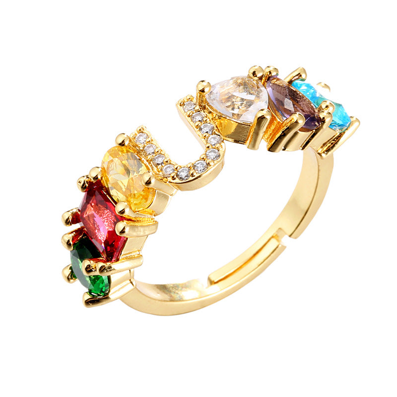 Hand-Set Cubic Zirconia Letter Open Ring Gold Plated Brass Adjustable Women