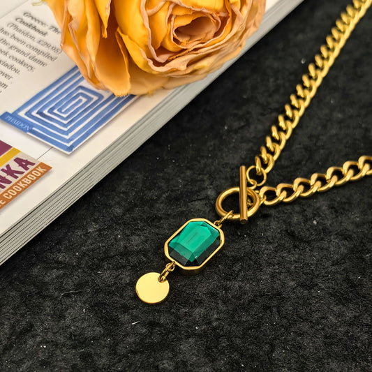 Irregular Geometric Square Emerald Cubic Zirconia Plated Titanium Steel Pendant Cuban Link Chain Necklace for Women