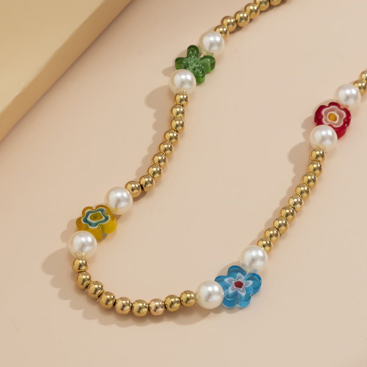 Bohemian Floral Resin Necklace for Women with Beaded Detail and Round Ball Chain