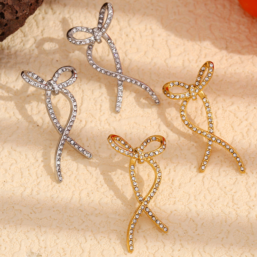 Minimalist Twisted Butterfly Stud Earrings in Stainless Steel with 18K Gold Plating and Full Rhinestone Inlay for Women