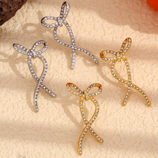 Minimalist Twisted Butterfly Stud Earrings in Stainless Steel with 18K Gold Plating and Full Rhinestone Inlay for Women