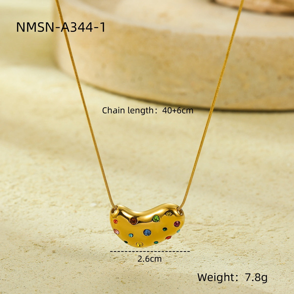 Minimalist Geometric Titanium Steel Snake Chain Necklace with 18K Gold Plated Heart Pendant and Colored Zircon Inlay