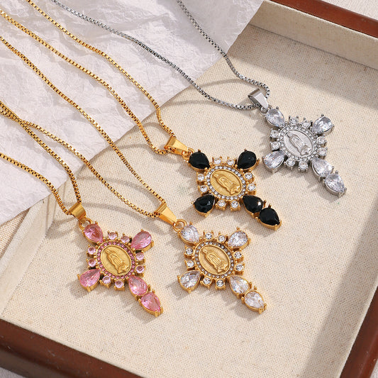 Collana con Ciondolo a Croce alla Moda da Donna in Acciaio Inossidabile con Placcatura in Oro 18K e Intarsio di Strass