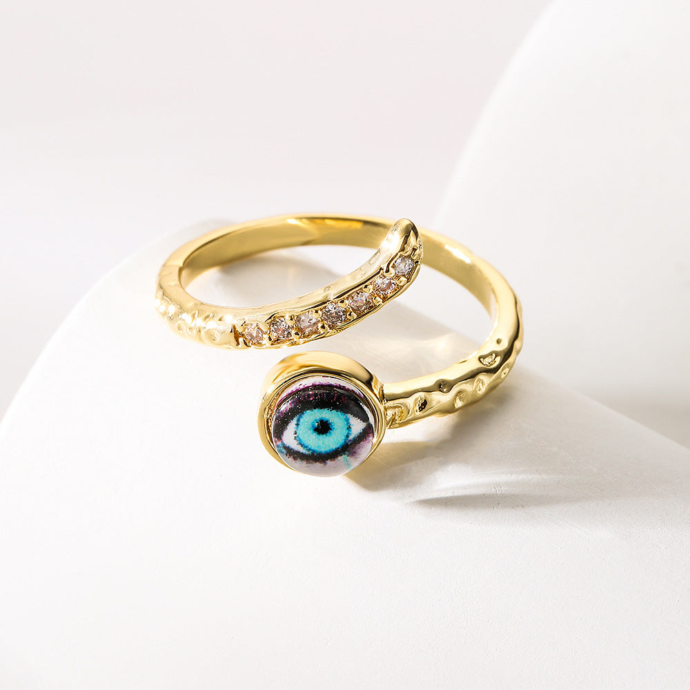 Anello aperto geometrico da donna con base in rame placcata in oro 18 carati e design a occhio turco con zirconi micro-incastonati