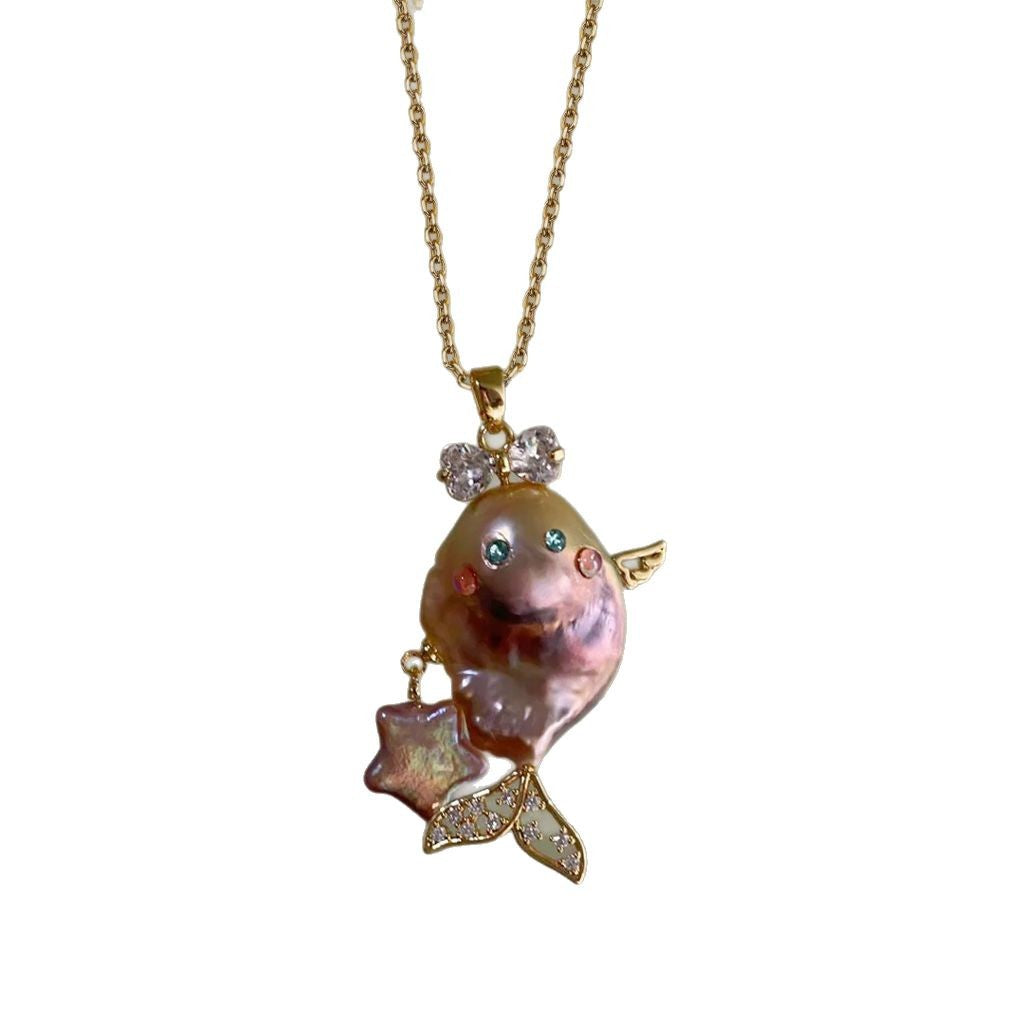 Vintage Ocean-Themed Fish Pendant Necklace in Titanium Steel with Plated Finish for Women