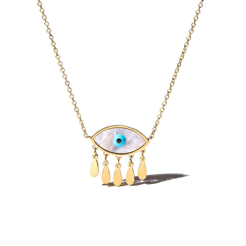 Minimalist Geometric Titanium Steel Evil Eye Pendant Necklace with Tassel for Women