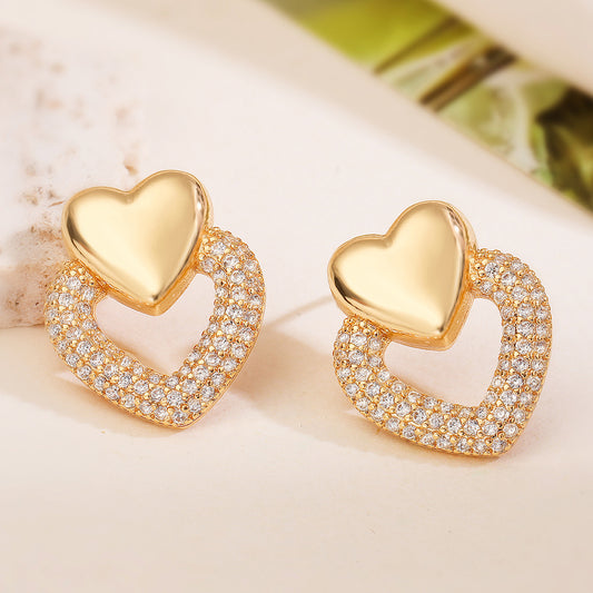Pendientes de Cobre en Forma de Corazón Estilo Vintage con Baño de Oro de 18K y Zirconia Micro Pavé para Mujer