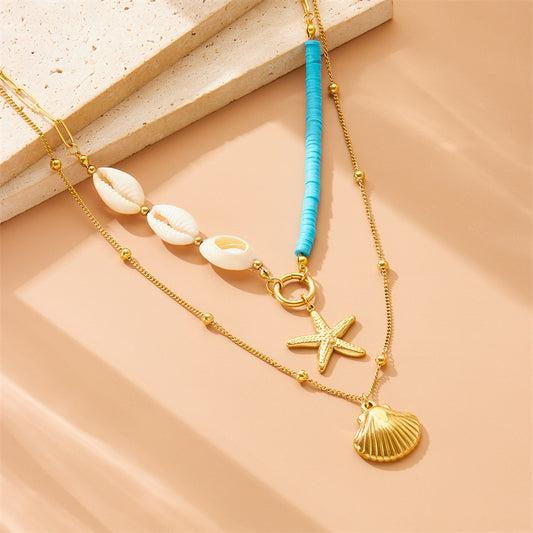 Fashion Office Stainless Steel Starfish Pearl Pendant Necklace with Scallop Charm Layered Gold-Tone Box Chain