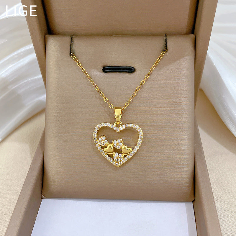 Sweet Minimalist Heart Moon Geometric Rhinestone Titanium Steel Necklace for Unisex