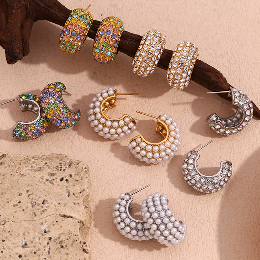 Modernos pendientes trepadores geométricos de acero inoxidable para mujer con baño de oro de 18K, microincrustaciones de diamantes de imitación de colores y detalles de perlas