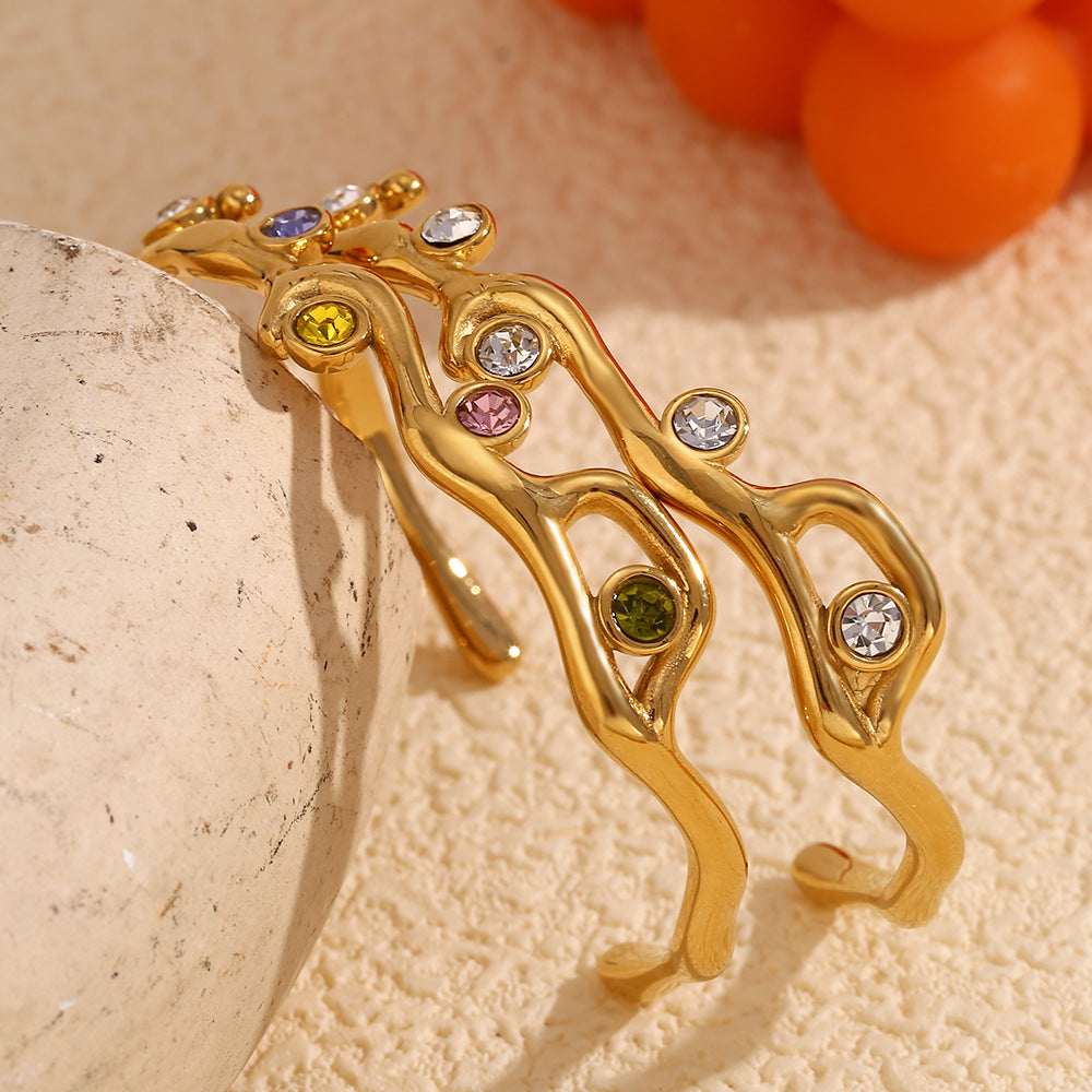Fashionable Minimalist Branch-Shaped Stainless Steel Plated 18K Gold Colorful Rhinestone Bracelet for Women