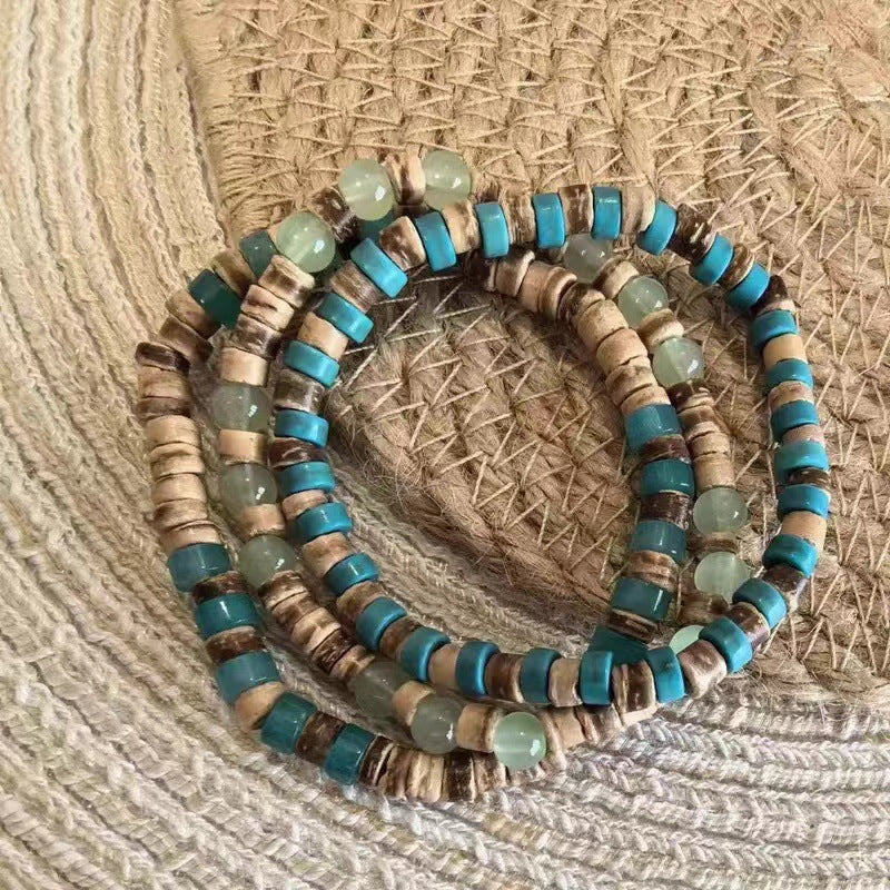 Vintage Round Wood and Turquoise Beaded Bracelet Set for Unisex