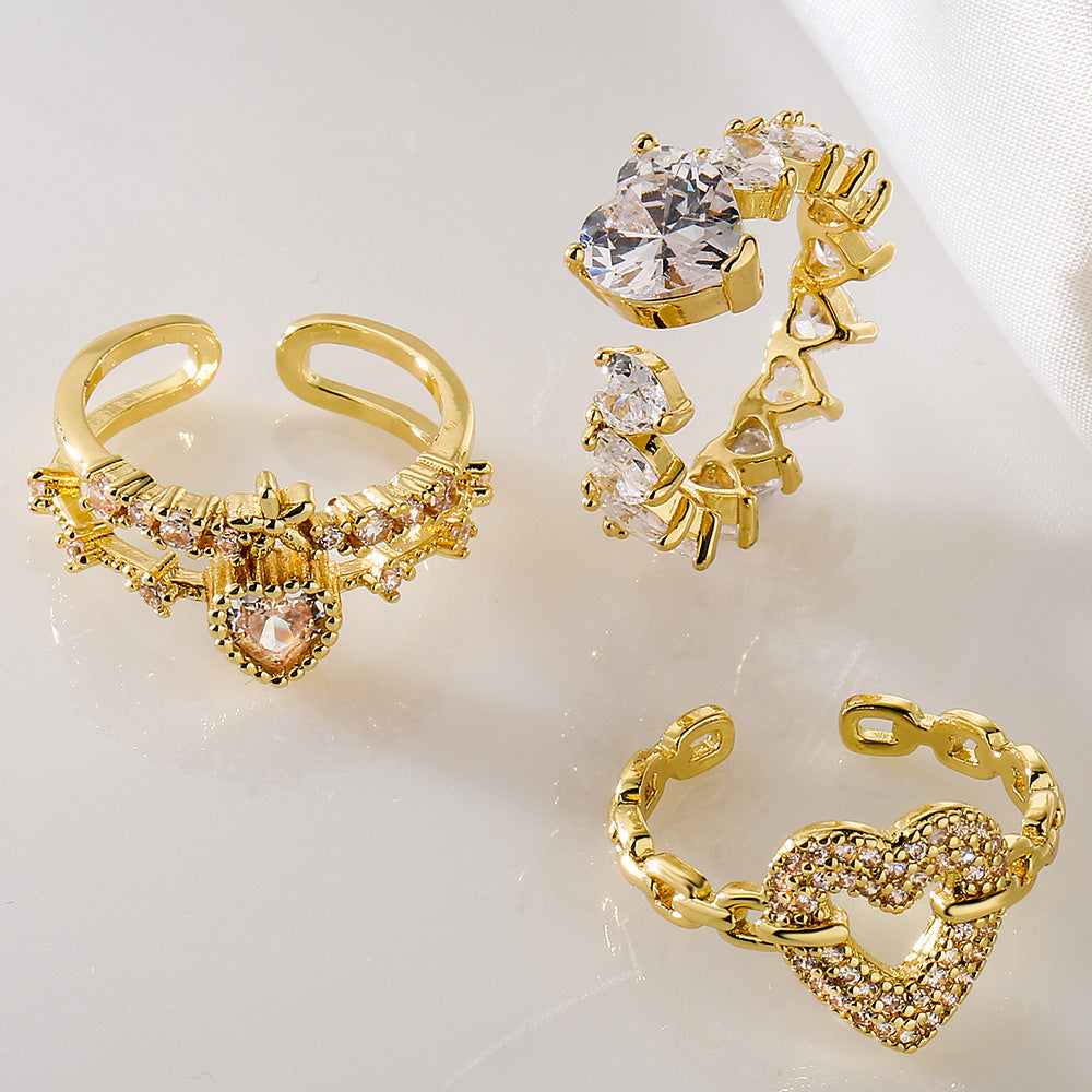 Elegante Anello a Cuore Aperto Geometrico da Donna in Rame con Placcatura in Oro 18K e Intarsio di Zirconi