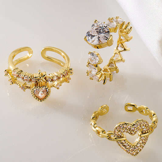 Elegant Geometric Open Heart Ring for Women in Copper with 18K Gold Plating and Zircon Inlay