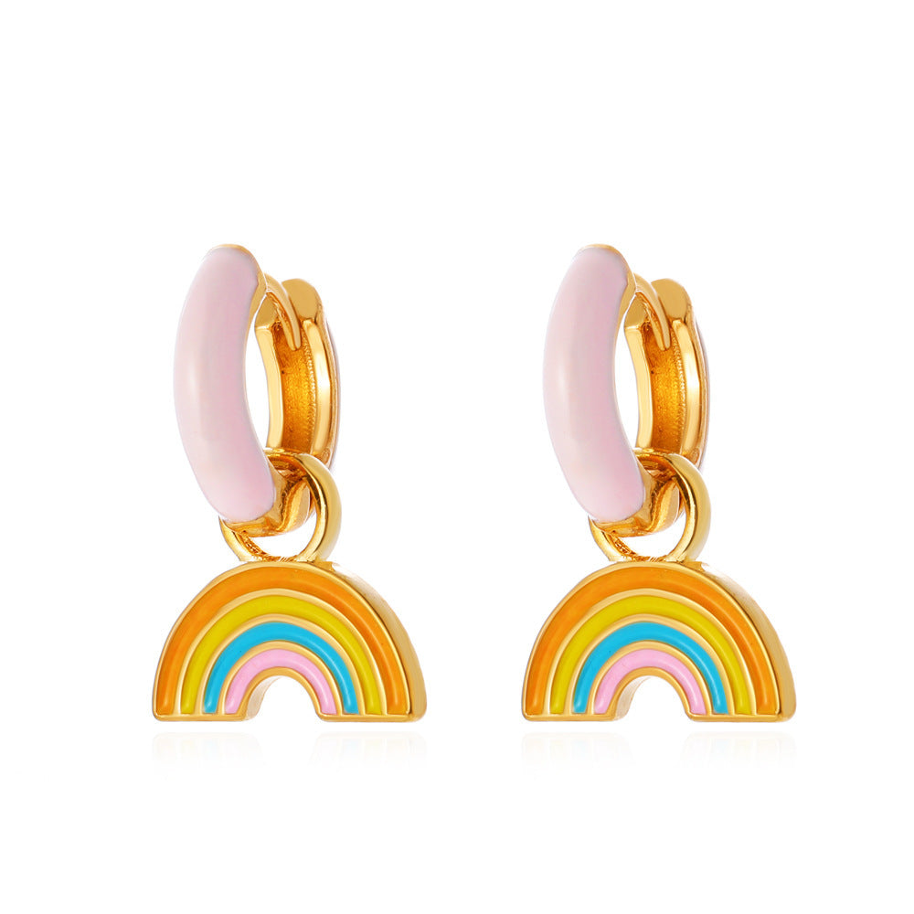 Orecchini da donna in lega con cuore arcobaleno minimalista a strisce effetto olio a goccia