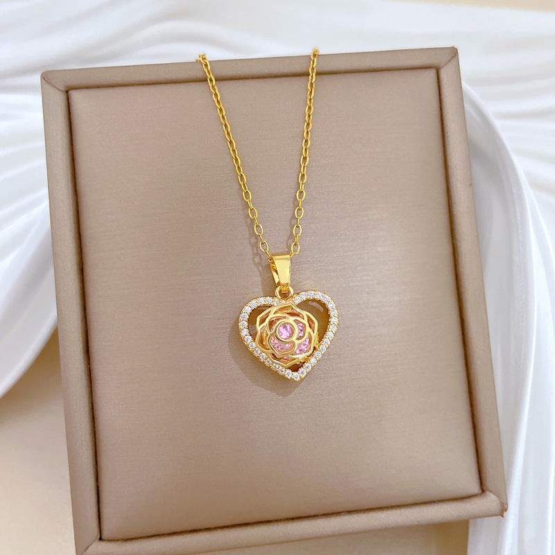 Sweet Heart Rose Rhinestone Titanium Steel Necklace Unisex Cable Chain