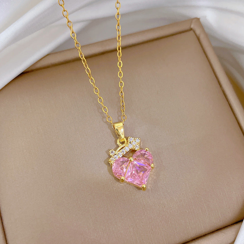 Collana Minimalista a Cuore in Acciaio al Titanio con Intarsio di Zirconi da Donna, Delicata Catena alla Clavicola