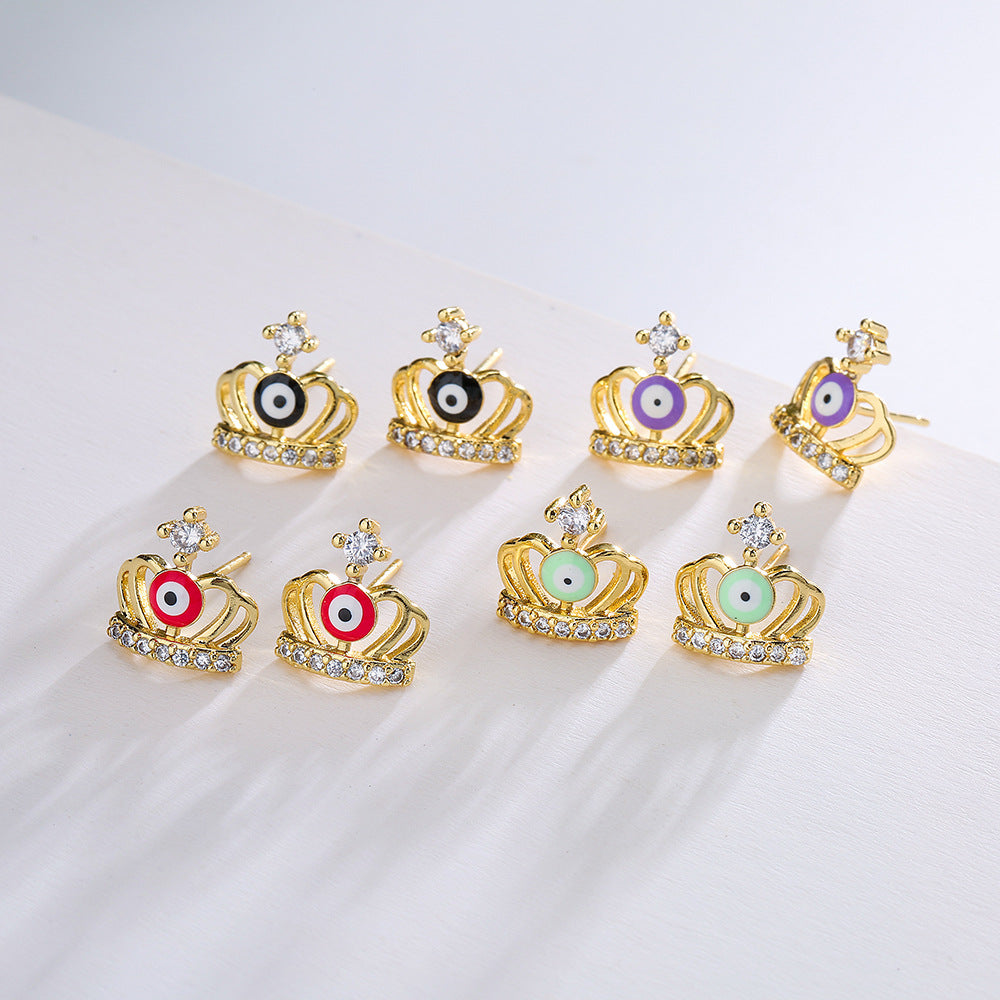 Orecchini a perno con corona geometrica personalizzata stile Ins, in rame con micro-pavé di zirconi e placcatura in oro 18K da donna