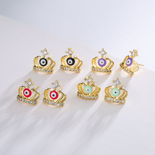 Pendientes de botón con corona geométrica personalizada estilo INS, de cobre micro pavimentado con circonita, chapado en oro de 18 quilates para mujer