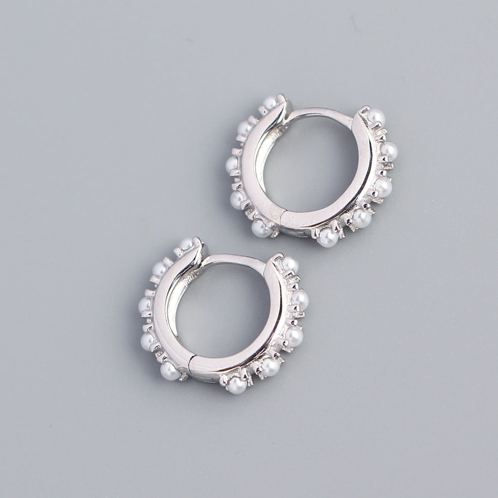 Elegantes pendientes de aro de plata de ley 925 con perlas incrustadas, redondos y geométricos, para mujer