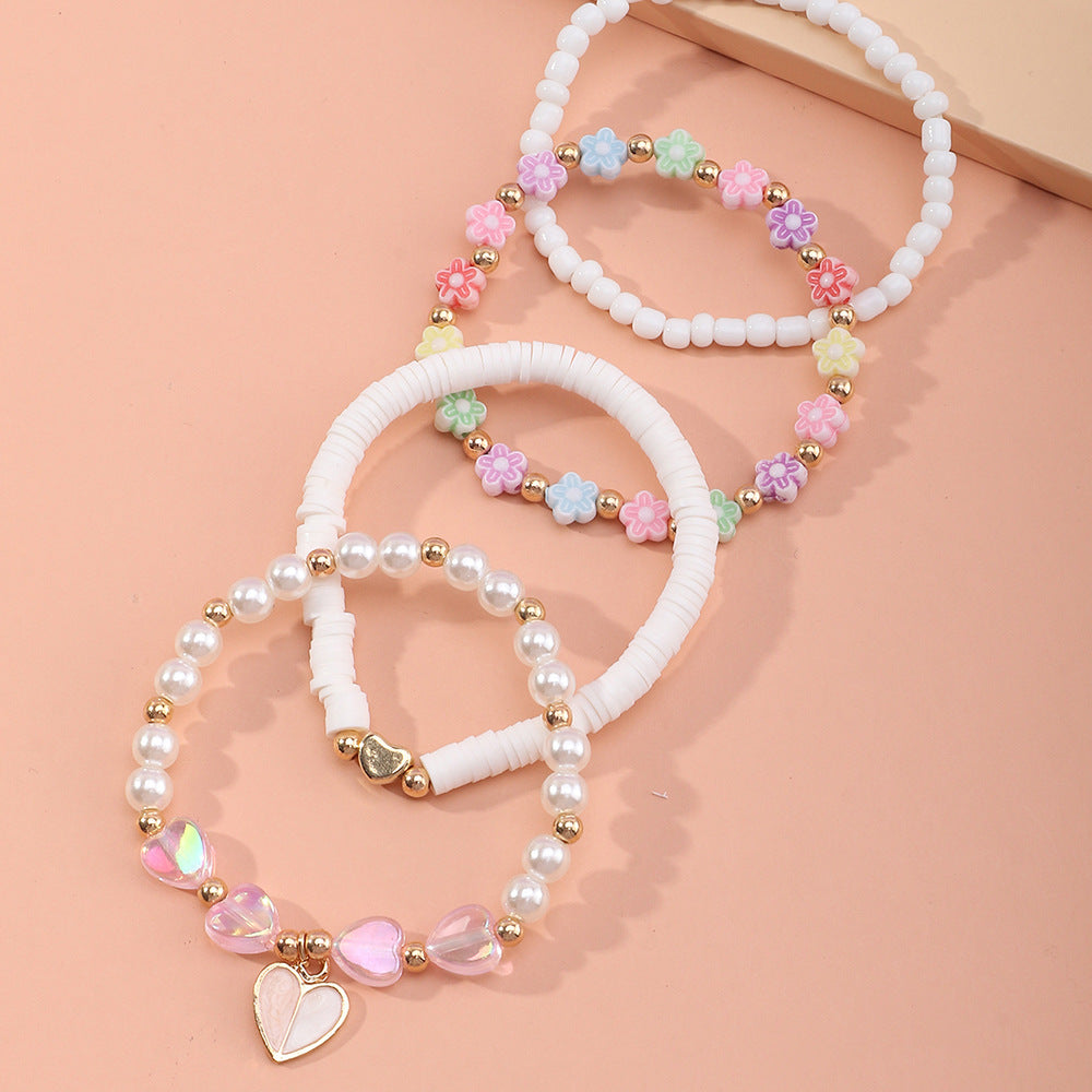 Pulsera de Cuentas de Arcilla Polimérica Corazón Floral Rosa Minimalista para Niñas, Hecha a Mano con Perlas de Cerámica Suave