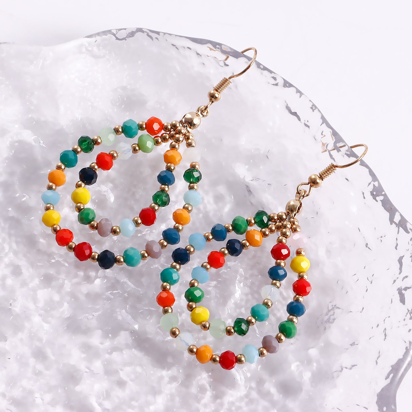 Orecchini a cerchio doppio in cristallo e vetro colorato stile geometrico, fatti a mano con perline, gioielli dolci ed eleganti da donna