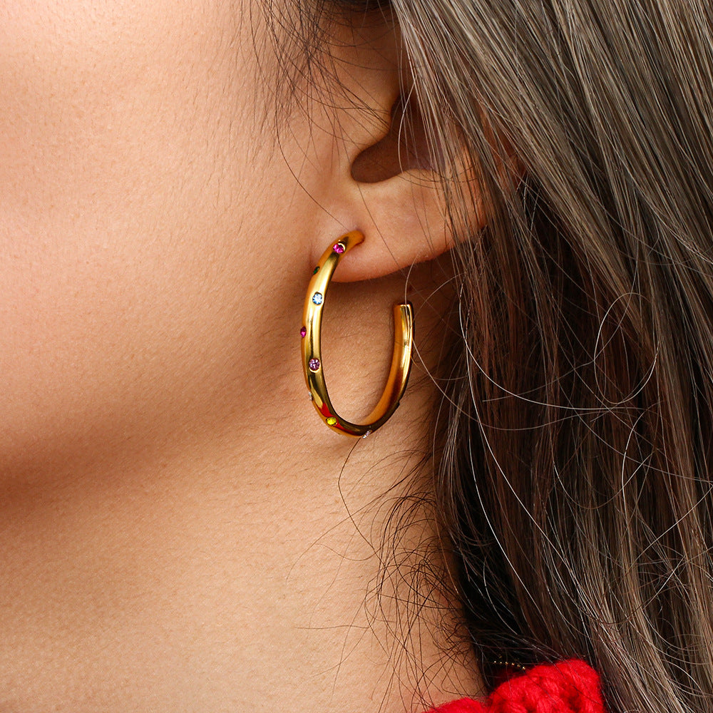 Fashion Geometric Stainless Steel 18K Gold Plated Large Cubic Zirconia Inlay Hoop Earrings for Women