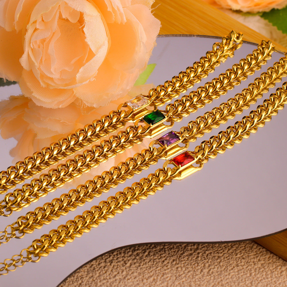 Fashionable Geometric Titanium Steel Bracelet for Women with Gold Plating and Rhinestone Inlay, Minimalist and Versatile Design