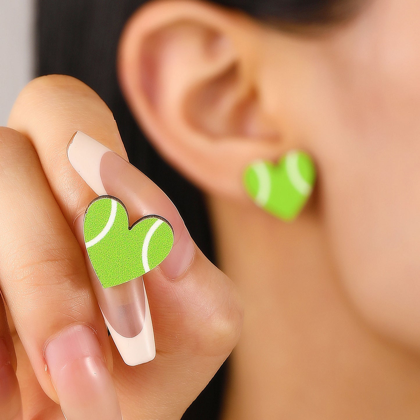 Vintage Acrylic Heart Stud Earrings with Sports Ball Print for Women