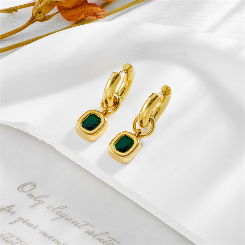 Vintage Minimalist Square and Circle Geometric Titanium Steel Earrings with Emerald Green Rhinestone Inlay