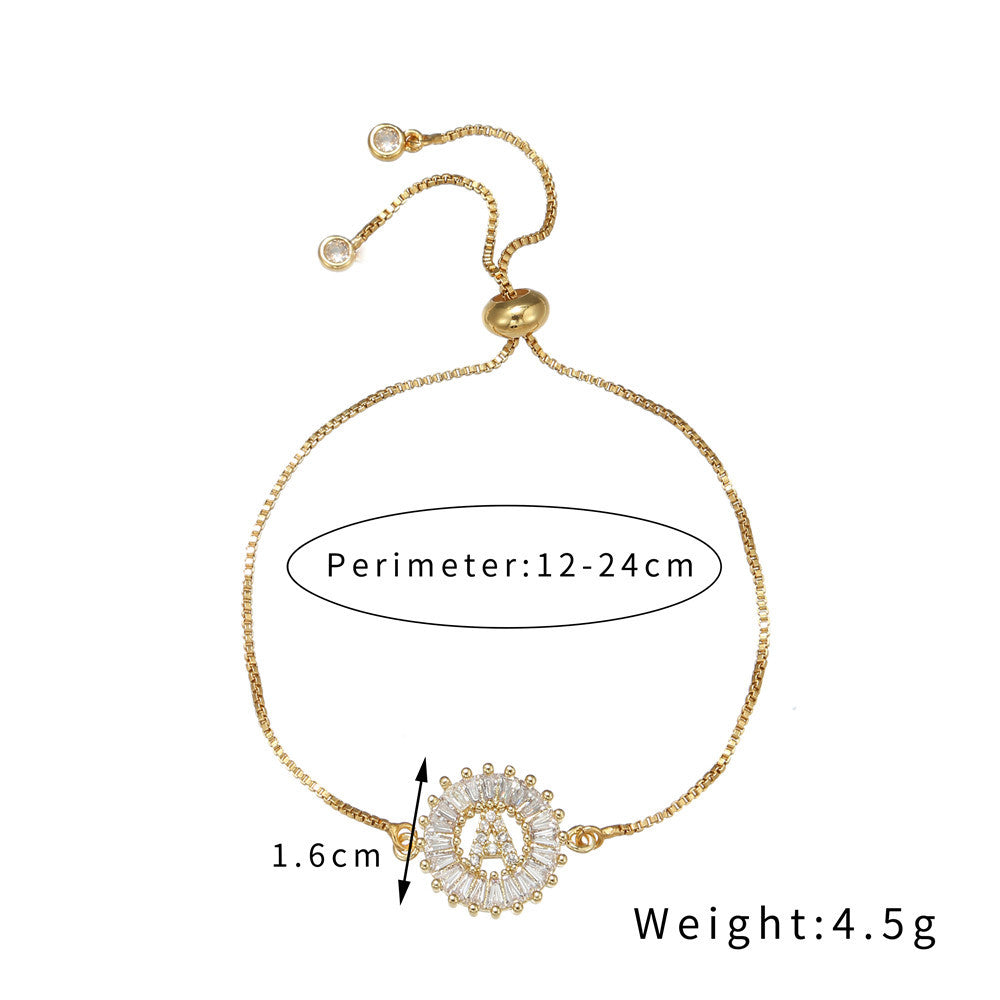 Minimalist Gold Plated Brass Letter Bracelet with Cubic Zirconia Adjustable A-Z