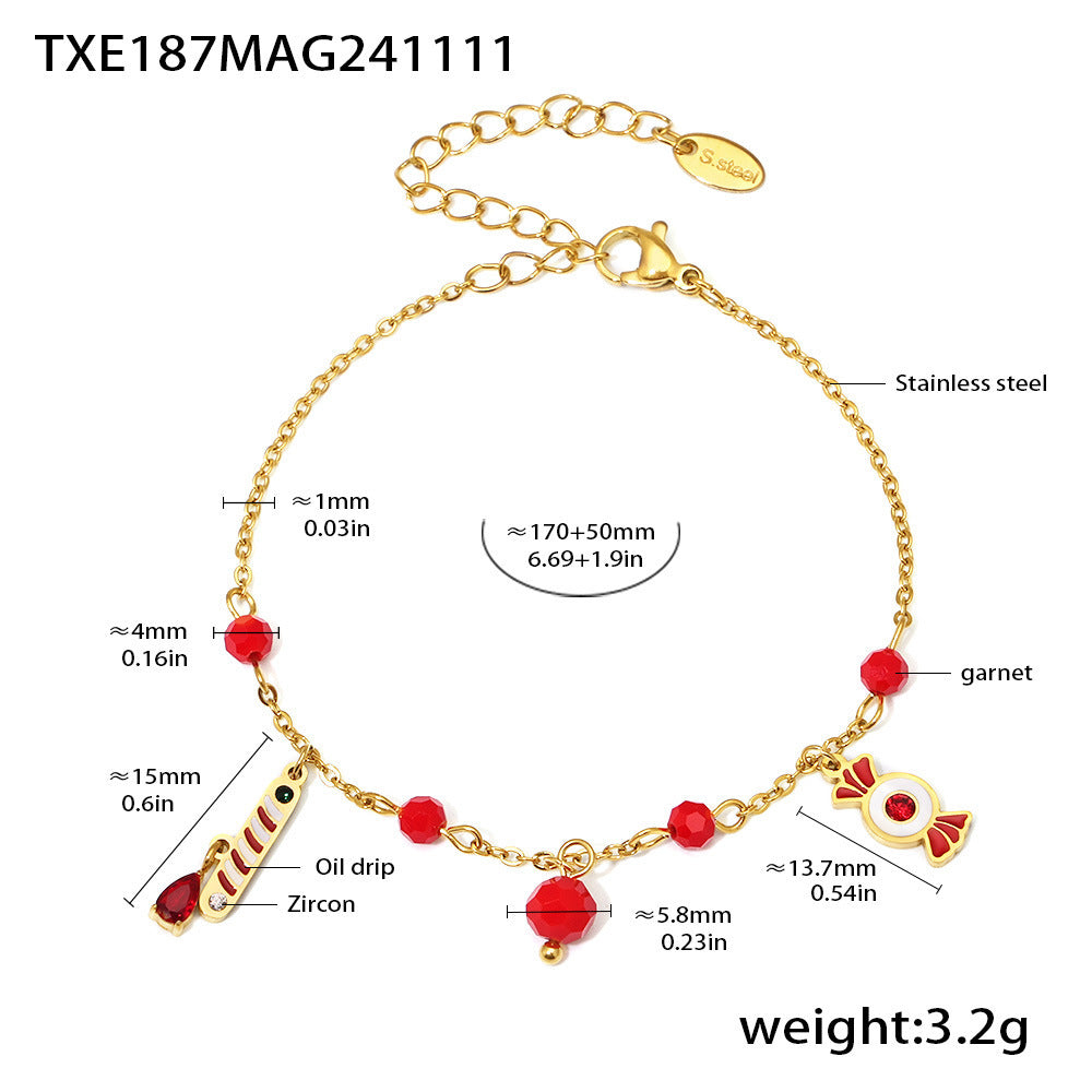 Collana con pendente a forma di caramella a ruota panoramica di lusso con catena in acciaio inossidabile, strass e accenti di granato, dettagli in smalto, da donna