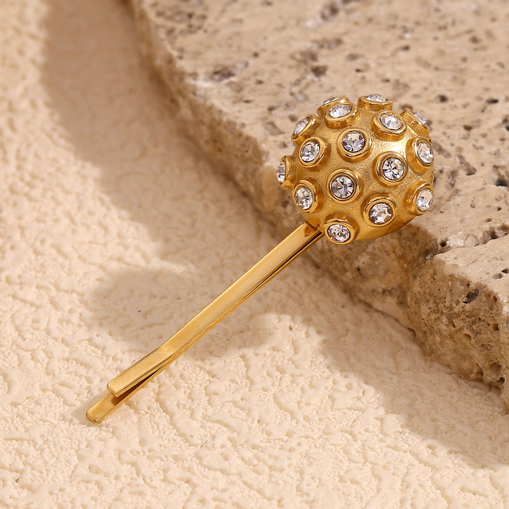 Fermaglio per Capelli Rotondo Geometico Stile Vintage da Donna Realizzato in Acciaio Inossidabile con Placcatura in Oro 18K e Strass Bianchi