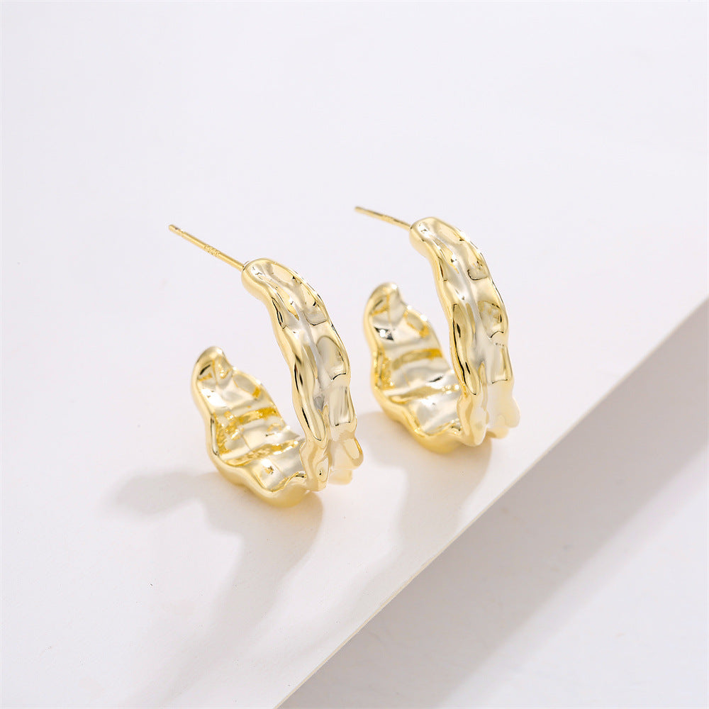 Orecchini a Onda Geometrica Irregolare in Rame con Placcatura in Oro 14K e Perni in Argento Sterling 925, Orecchini di Lusso alla Moda da Donna