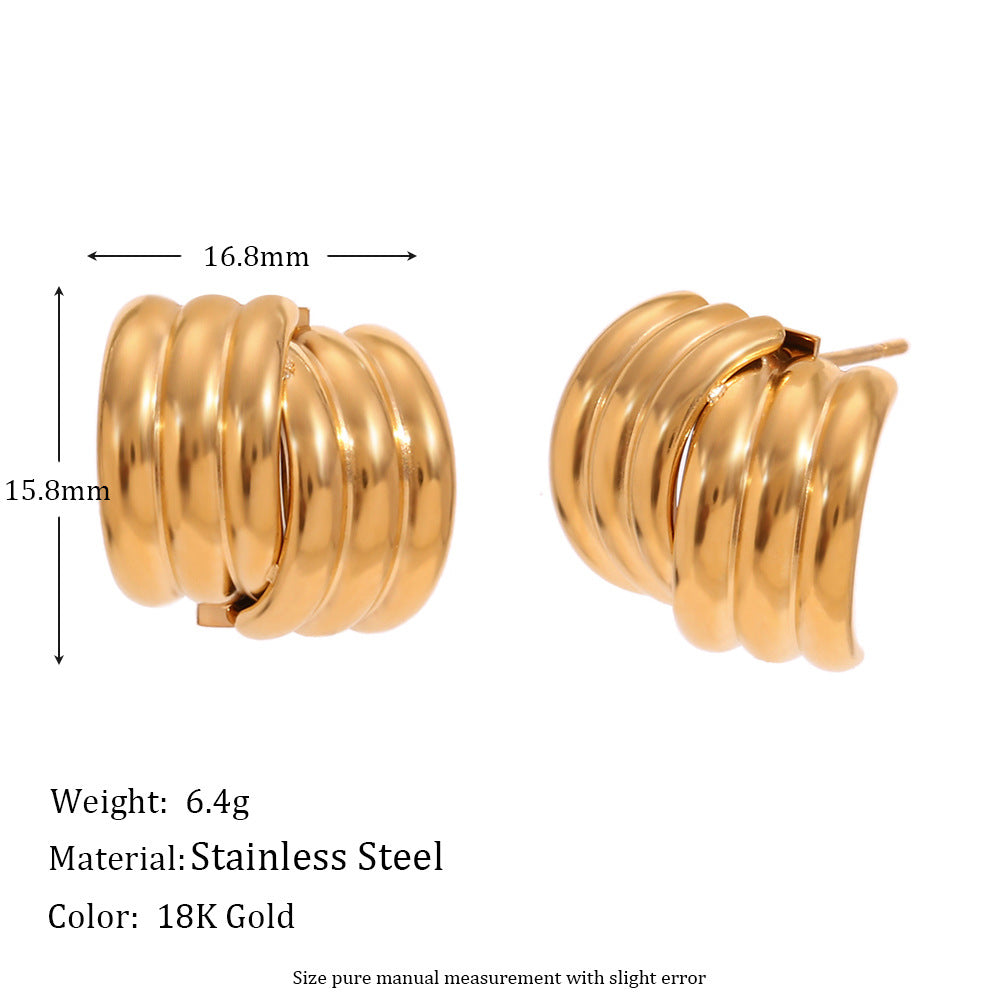 Minimalist Geometric Stainless Steel Ear Studs with 18K Gold Plating Triple Vertical Striped Cross Design for Women