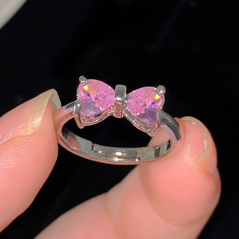 Sweet Cubic Zirconia Inlay Brass Bow Ring for Women