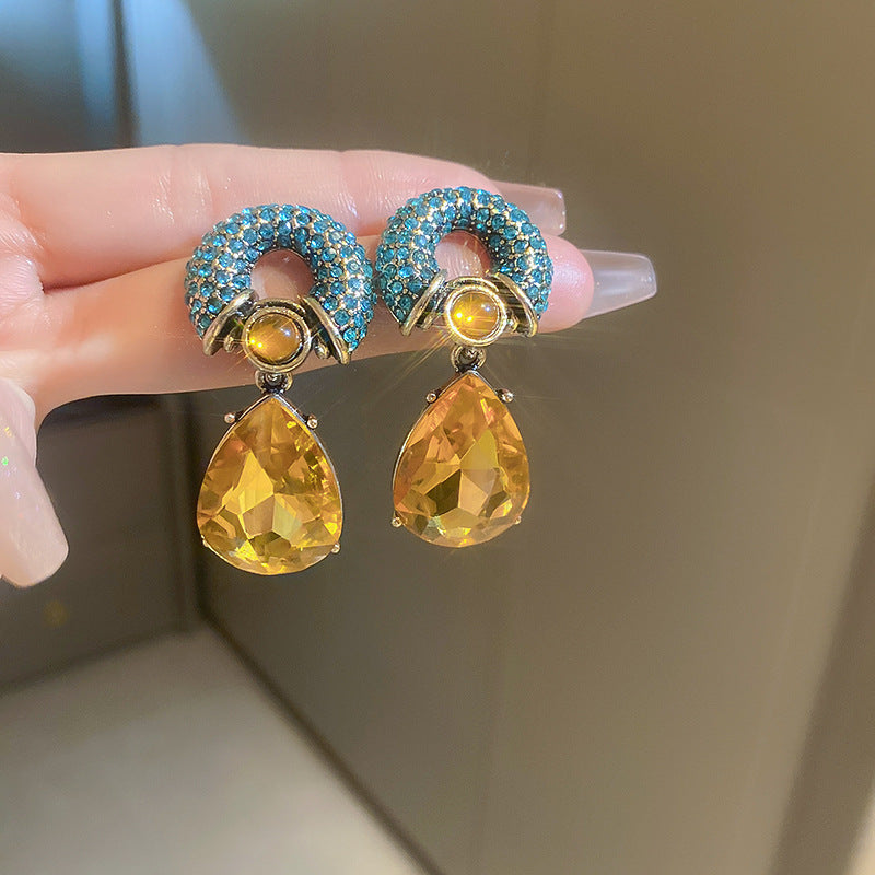 Vintage Green Rhinestone Butterfly Pearl Earrings with Stainless Steel Posts for Women