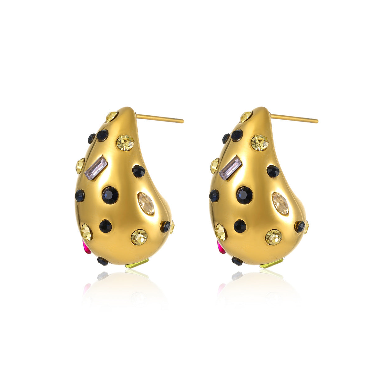 Pendientes de acero inoxidable a la moda con forma de gota de agua, chapado en oro de 18 quilates e incrustaciones de circonitas de colores irregulares