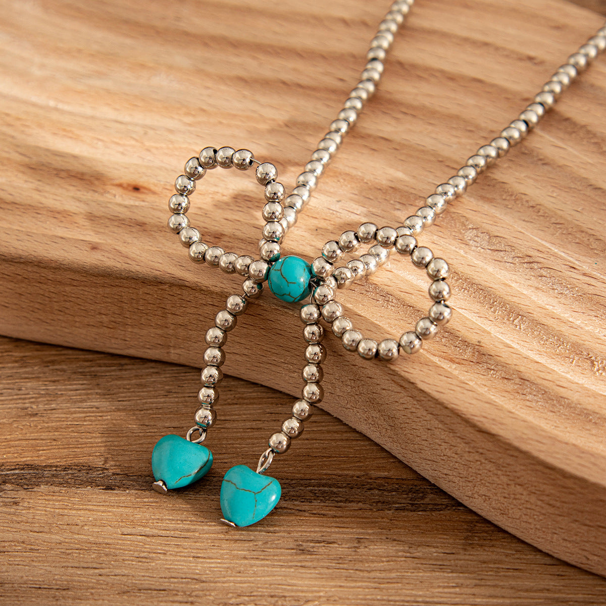 Minimalist Plated Resin Beaded Necklace with Turquoise Bow Pendant for Women