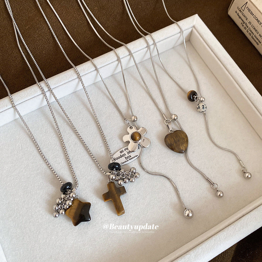 Collana con Pendente Lussuosa Occhio di Tigre Geometrica in Acciaio Inossidabile Placcato da Donna, per Abbigliamento Casual da Ufficio, Catena per Maglione