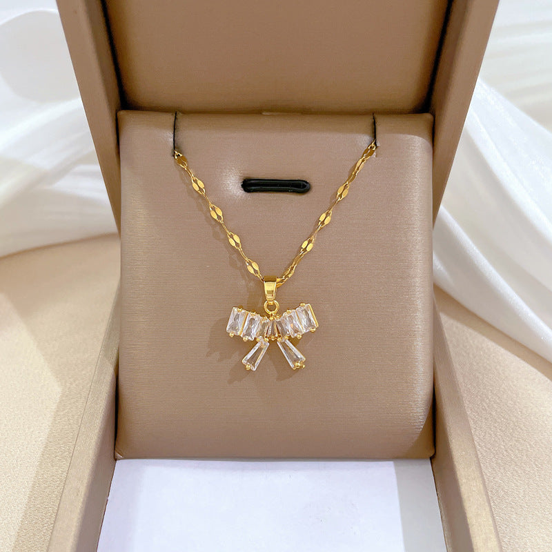 Luxury Titanium Steel Butterfly Knot Pendant Necklace and Earrings Set with Rhinestone Inlay for Women Formal Events