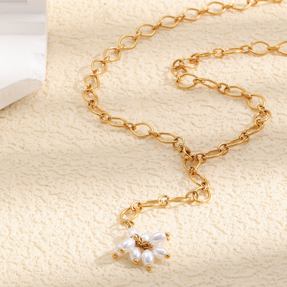 Luxury Elegant Geometric Floral 18K Gold Plated Stainless Steel Necklace with Imitation Pearl Tassel