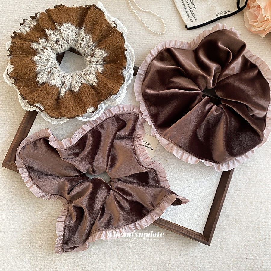 Elegant French-Style Fabric Hair Tie with Lace Trim, High-Elasticity Spiral Scrunchie for Women, Geometric Round Design, Luxury Casual Office Accessory