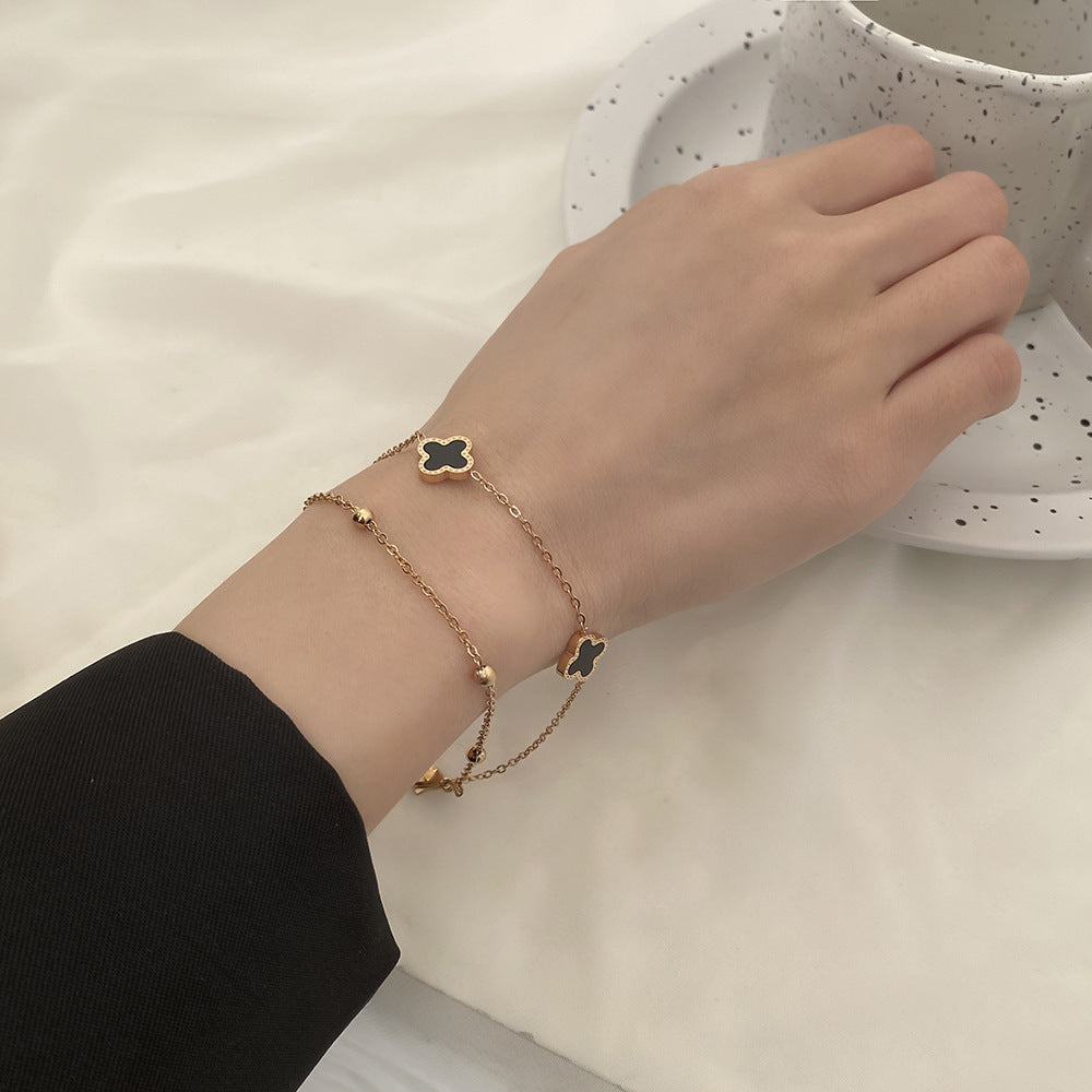 Minimalist Double Layer Four Leaf Clover Bracelet 18K Gold Plated Titanium Steel Women Jewelry