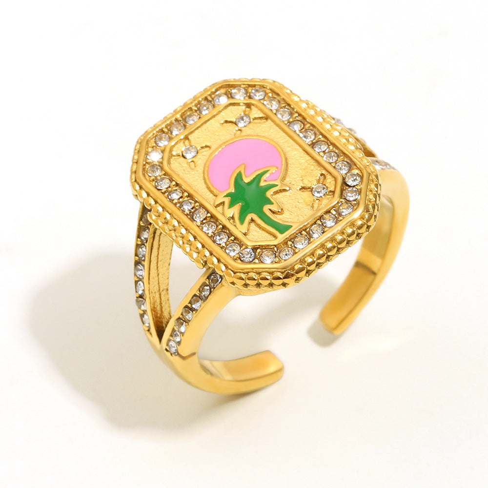 Anello da donna in acciaio inossidabile con placcatura in oro 18 carati e finitura smaltata, stile geometrico francese vintage