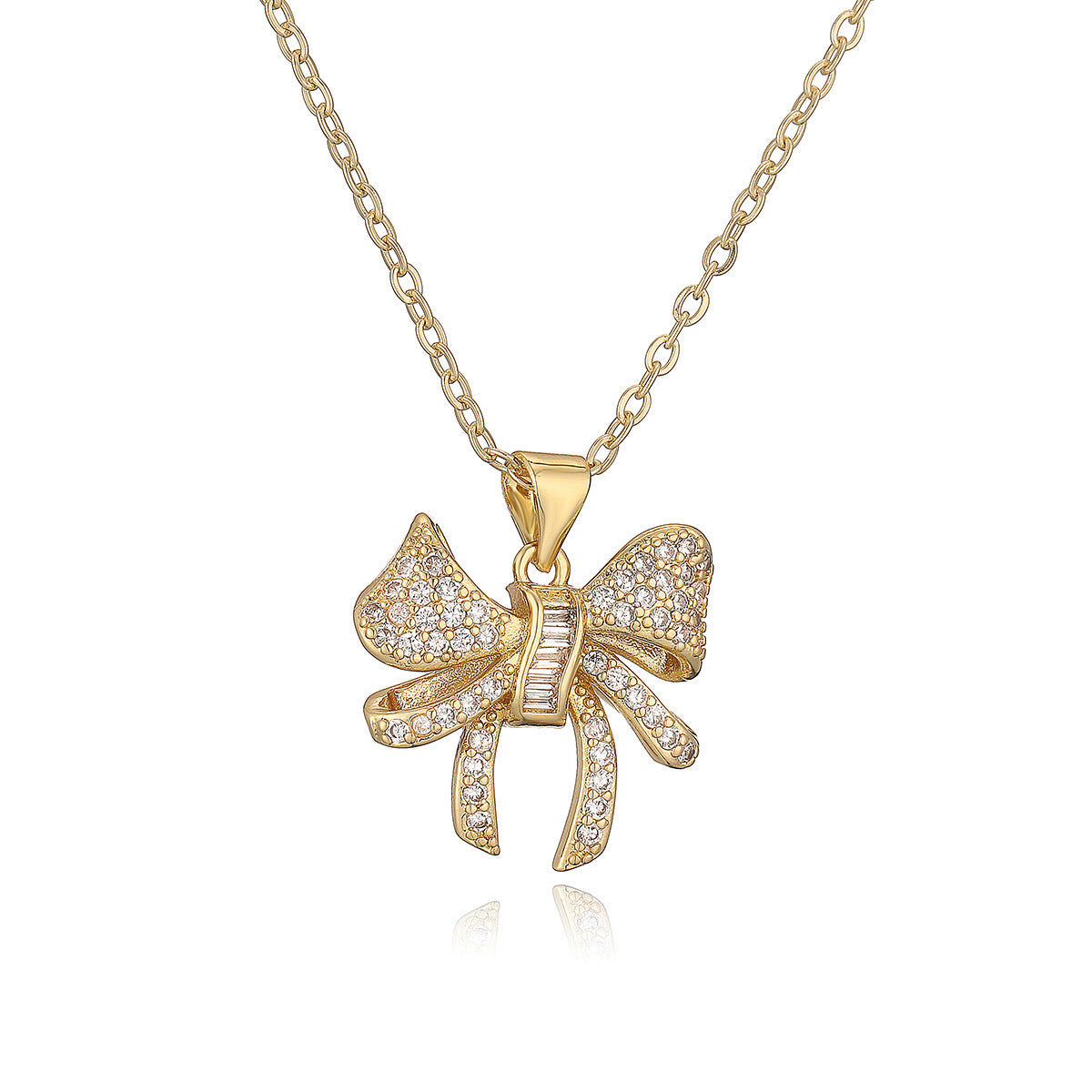 Minimalist Bowknot Pendant Necklace for Women with Copper Base Plated in Real Gold and Zirconia Accents